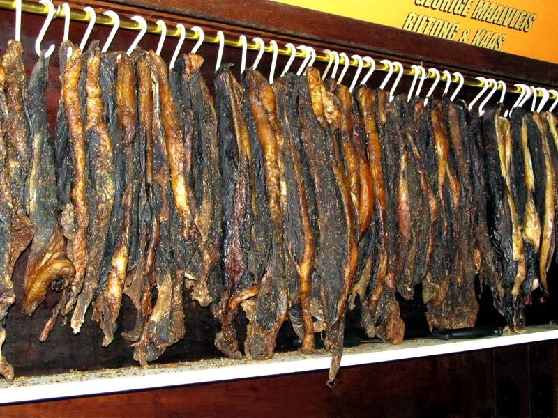 Biltong hanging in a shop