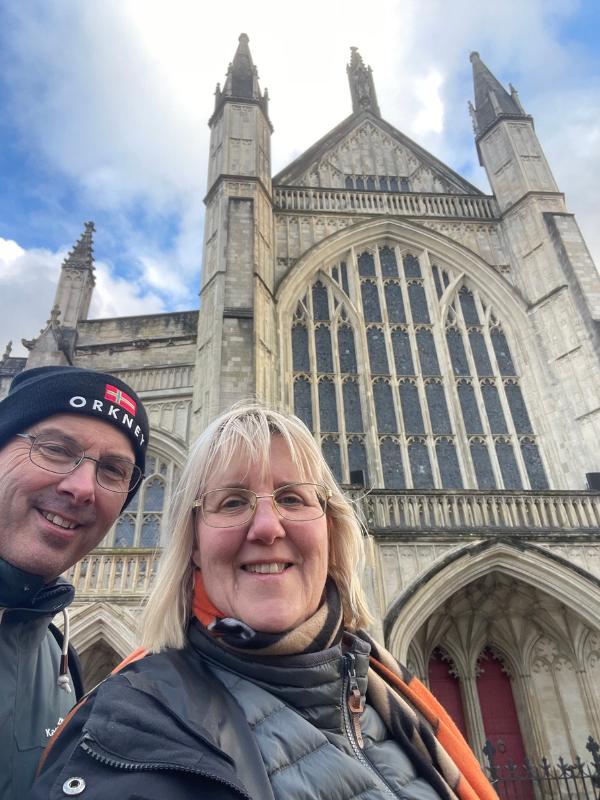 Tracy and Doug outside Winchester Cathedral