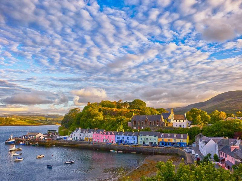 Town on the Isle of Skye with multicoloured houses.