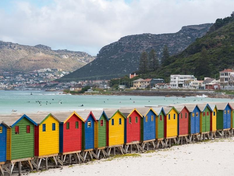 Muizenberg Beach in South Africa with beach huts