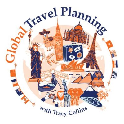 Best travel podcasts include the Global Travel planning podcast - this is their logo showing images of places around the world.