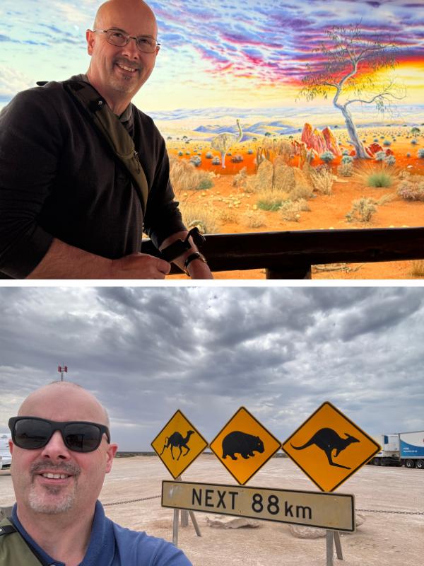 Australia road trip Doug and sign