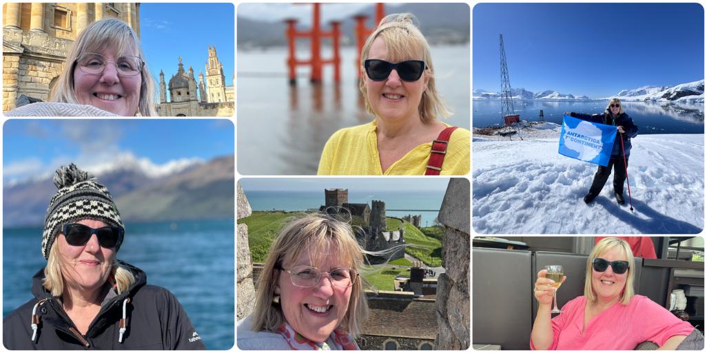 racy Collins of the Global Travel Planning Podcast pictured in destinations including Japan, Scotland, New Zealand, Antarctica and more