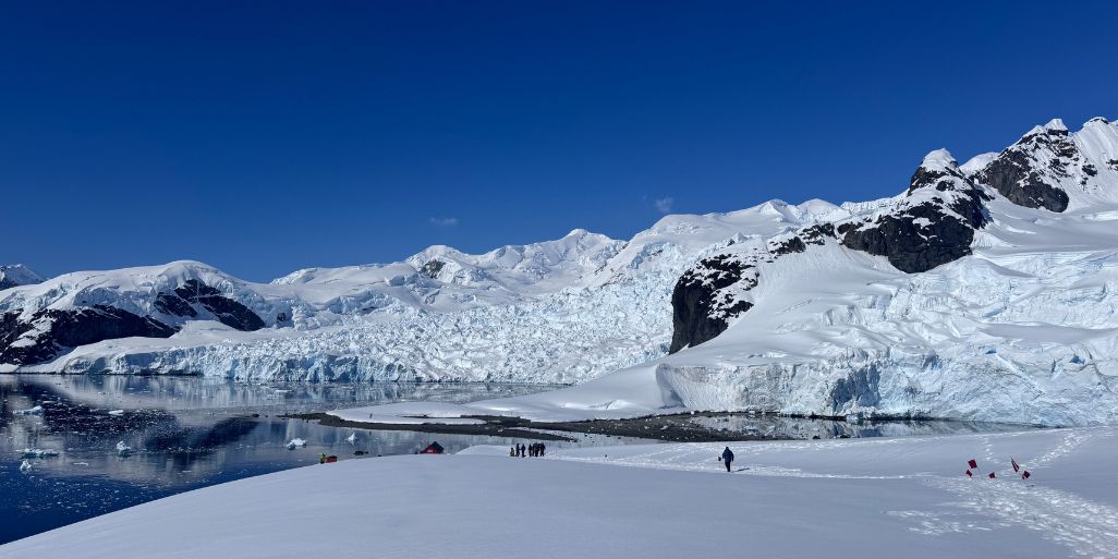 A wide view of an Antarctic glacier and snowy bay, with tiny figures and a red tent on the snow giving a sense of scale