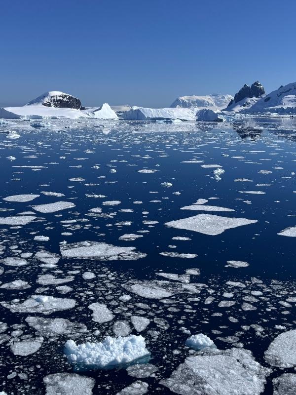 Brash sea ice drifting past as a traveller looks out over the Southern Ocean