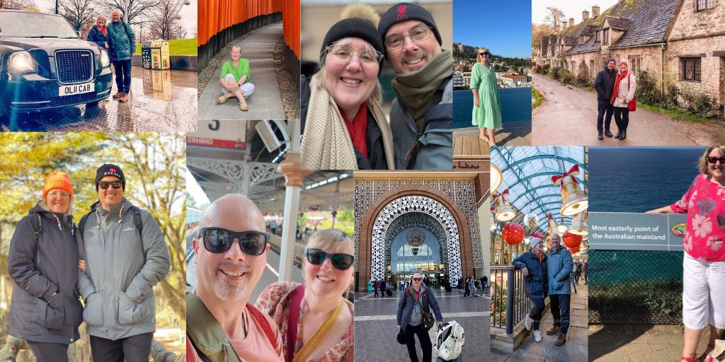 Collage of Tracy and Doug Collins travelling in destinations around the world for the international travel tips episode